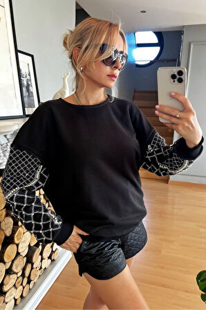 Crystal Taşlı İncili Bol Kesim Oversize Büyük Beden Üç Iplik Pamuk Rahat Şık Kadın Sweatshirt