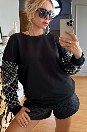Crystal Taşlı İncili Bol Kesim Oversize Büyük Beden Üç Iplik Pamuk Rahat Şık Kadın Sweatshirt
