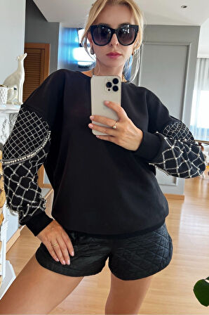 Crystal Taşlı İncili Bol Kesim Oversize Büyük Beden Üç Iplik Pamuk Rahat Şık Kadın Sweatshirt