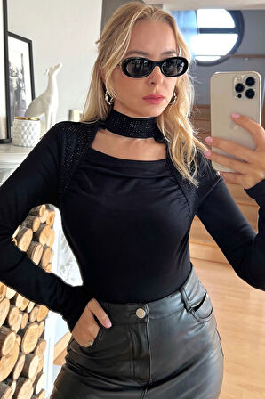 Uzun Kollu Crystal Taşlı Boğazlı Kadın Siyah Buzzy Bluz Likralı Şık Rahat Tasarım