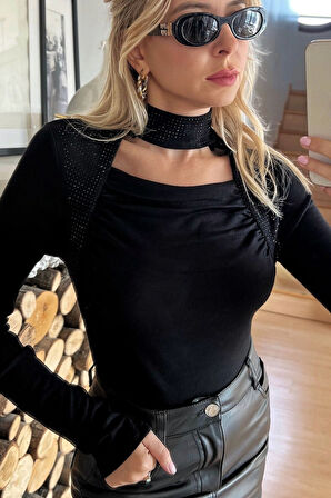 Uzun Kollu Crystal Taşlı Boğazlı Kadın Siyah Buzzy Bluz Likralı Şık Rahat Tasarım