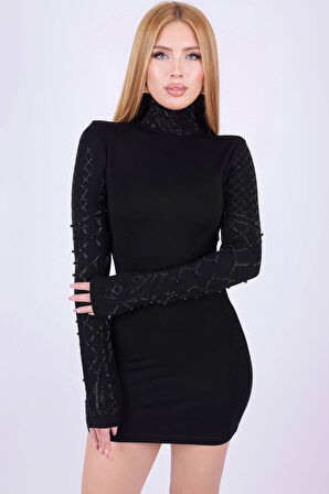 Crystal Taşlı İncili Uzun Kollu Vücuda Oturan Saran Boğazlı Likralı Şık Mini Gece Siyah Elbise