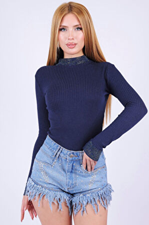 Crystal Taşlı Uzun Kollu Boğazlı Likralı Şık Rahat Tasarım Lacivert Kadın Bluz