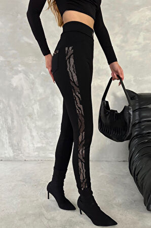 Toparlayıcı Çelik Kumaş Leopar Crystal Taşlı Likralı Kalın Kadın Tayt Pantalon