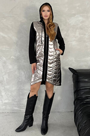 Crystal Taşlı Kapüşonlu Gümüş Kapitone Uzun Fermuarlı 3 İplik Kadın Hırka