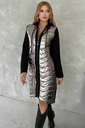 Crystal Taşlı Kapüşonlu Gümüş Kapitone Uzun Fermuarlı 3 İplik Kadın Hırka