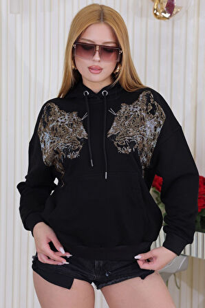 Kapüşonlu Kaplan Crystal Taşlı Büyük Beden Üç Iplik Pamuk Rahat Şık Salaş Siyah Kadın Sweatshirt