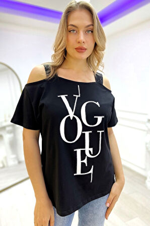 Bol Kesim Omuzları Açık Baskılı Crystal Taşlı Büyük Beden Şık Pamuk Kadın T-shirt