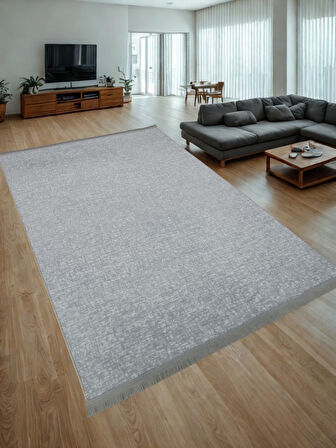 Düz Desen Gri Saçaklı Kaymaz Taban Kesme Yıkanabilir Halı Yolluk