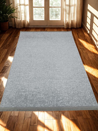 Düz Desen Gri Saçaklı Kaymaz Taban Kesme Yıkanabilir Halı Yolluk