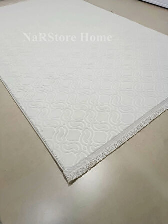 Elit Krem Saçaklı Kabartmalı Yıkanabilir Kaymaz Taban Kesme Yolluk Hal