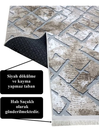 Gri Kahve Saçaklı Kaymaz Taban Yıkanabilir Kesme Yolluk Salon Mutfak Oturma Odası Halı