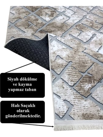 Gri Kahve Saçaklı Kaymaz Taban Yıkanabilir Kesme Yolluk Salon Mutfak Oturma Odası Halı