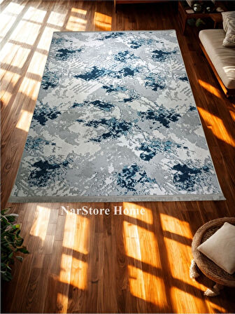 Mavi Gri Saçaklı Kaymaz Taban Yıkanabilir Kesme Yolluk Halı