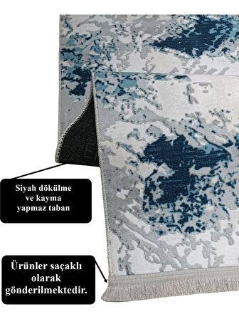 Mavi Gri Saçaklı Kaymaz Taban Yıkanabilir Kesme Yolluk Halı
