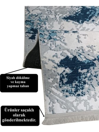 Mavi Gri Saçaklı Kaymaz Taban Yıkanabilir Kesme Yolluk Halı