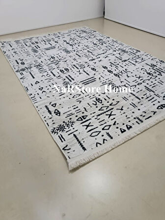 Dinarsu İskandinav Saçaklı Kabartmalı Krem Kaymaz Taban Yıkanabilir Kesme Yolluk Halı