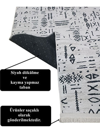 Dinarsu İskandinav Saçaklı Kabartmalı Krem Kaymaz Taban Yıkanabilir Kesme Yolluk Halı