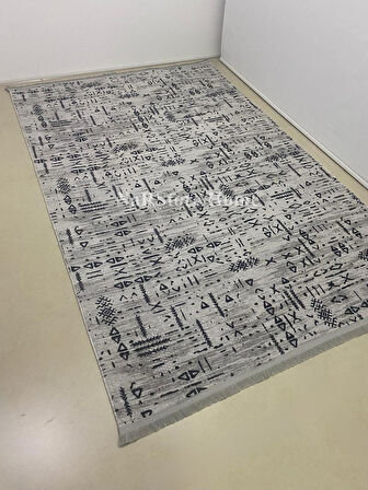 Dinarsu İskandinav Kabartmalı Saçaklı Gri Kaymaz Taban Yıkanabilir Kesme Yolluk Halı