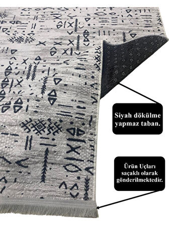 Dinarsu İskandinav Kabartmalı Saçaklı Gri Kaymaz Taban Yıkanabilir Kesme Yolluk Halı