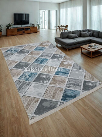 Gri Mavi Kahve Saçaklı Kaymaz Taban Yıkanabilir Kesme Yolluk Salon Mutfak Oturma Odası Halı
