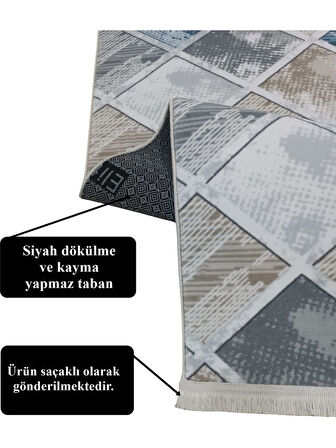 Gri Mavi Kahve Saçaklı Kaymaz Taban Yıkanabilir Kesme Yolluk Salon Mutfak Oturma Odası Halı