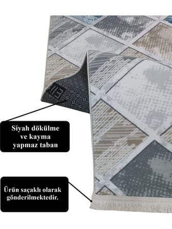 Gri Mavi Kahve Saçaklı Kaymaz Taban Yıkanabilir Kesme Yolluk Salon Mutfak Oturma Odası Halı