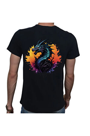 Splash Dragon T-shirt %100 Pamuklu Siyah Penye Basic Erkek Tişört