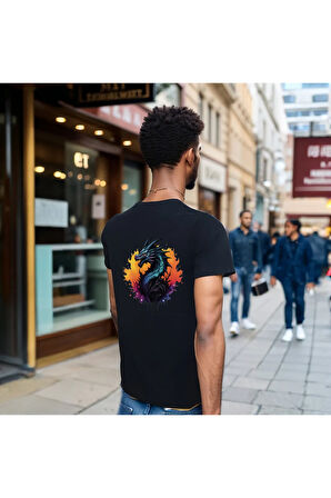 Splash Dragon T-shirt %100 Pamuklu Siyah Penye Basic Erkek Tişört