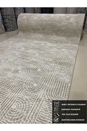 Elit Rölyef Krem Beyaz Kabartmalı Kaymaz Taban Yıkanabilir Kesme Yolluk Halı