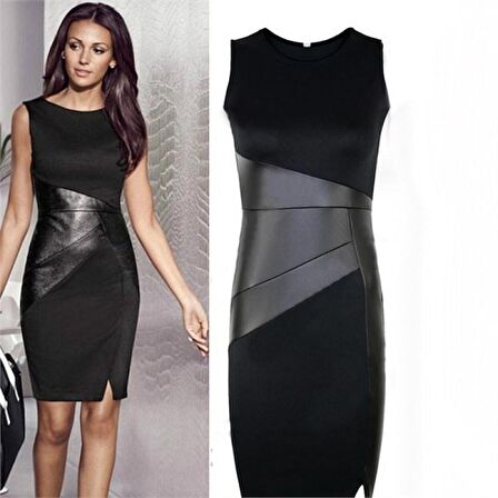 Toridas Günlük Deri Detaylı Kolsuz Kadın Elbise	 851siyah