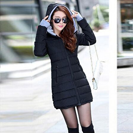 Toridas Kışlık Kapüşonlu Uzun Kadın Şişme Mont 805siyah