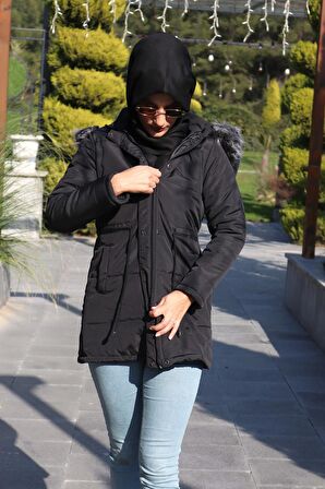 Toridas Kışlık Yaka Kürklü Uzun Kadın Şişme Tesettür Mont bt122siyahtesettür