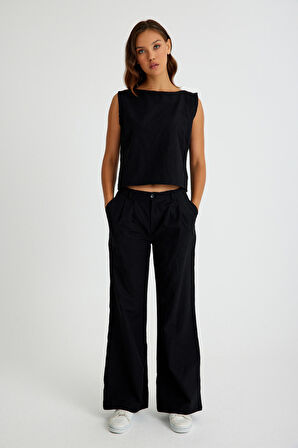 Toridas Keten Günlük Rahat  Kolsuz  Alt Üst Kadın Takım LN08siyah6