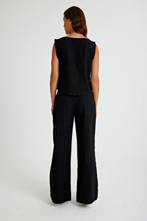 Toridas Keten Günlük Rahat  Kolsuz  Alt Üst Kadın Takım LN08siyah6