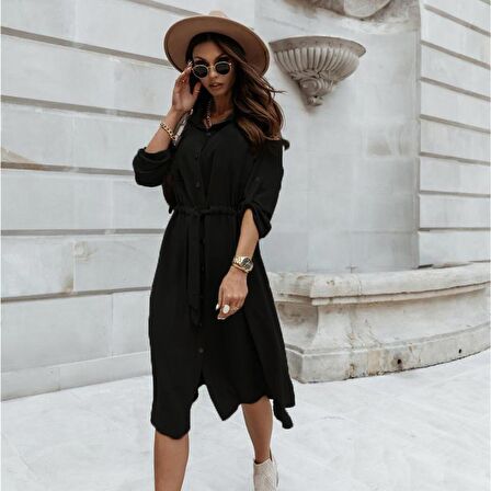 Toridas Keten Günlük Rahat Beli Kemerli Kadın Gömlek Elbise LN02siyah