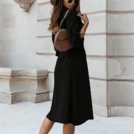 Toridas Keten Günlük Rahat Beli Kemerli Kadın Gömlek Elbise LN02siyah