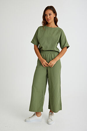 Toridas Keten Günlük Rahat Beli Lastikli Kadın İkili Takım Alt Üst LN10haki6