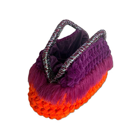 El Yapımı Kadife İplik Metal Çerçeve Çanta – Mor ve Turuncu