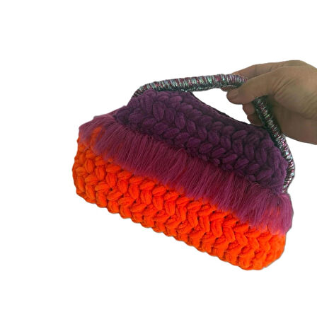 El Yapımı Kadife İplik Metal Çerçeve Çanta – Mor ve Turuncu