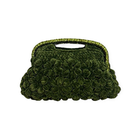 El Yapımı Yeşil Çiçekli Kadife Tığ İşi Tasarımcı Çantası – Benzersiz ve Gösterişli Bir Parça