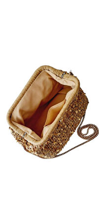 Altın Pullu El Yapımı Raffia Çanta