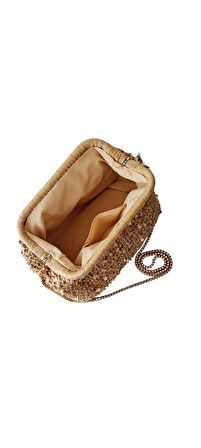 Altın Pullu El Yapımı Raffia Çanta