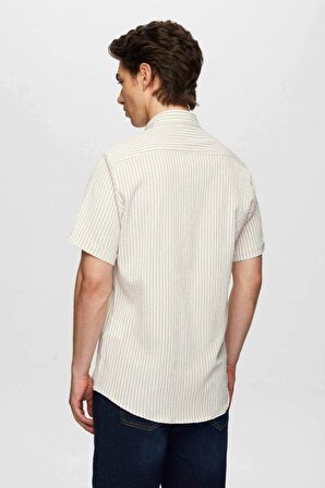Slim Fit Bej Gofre Çizgili Kısa Kollu Yazlık Gömlek 8HC02ORT04265