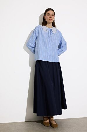 DeFacto Regular Fit Geniş Yakalı Çizgili Poplin Uzun Kollu Gömlek Tunik E4354AX25SPBE40