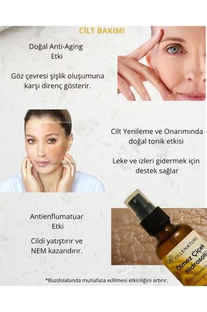 %100 Saf Ölmez Çiçek Hidrosolü ~altın Otu Hidrosolü 100 ml Cam Amber Sprey Başlık Kolajen Nem Tonik