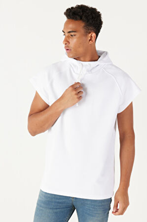 Erkek Beyaz Long Fit Kapüşonlu Kolsuz Sweatshirt