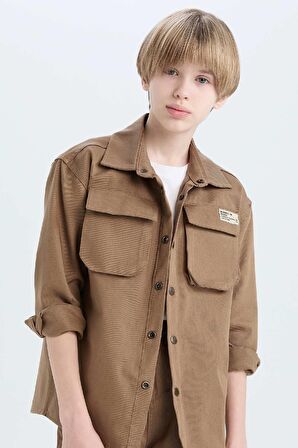 Erkek Çocuk Oversize Geniş Kalıp Polo Yaka Gabardin Uzun Kollu Gömlek