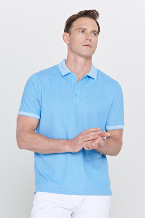 Erkek Çekmeyen Pamuklu Kumaş Slim Fit Dar Kesim Mavi Kıvrılmaz Polo Yaka Tişört