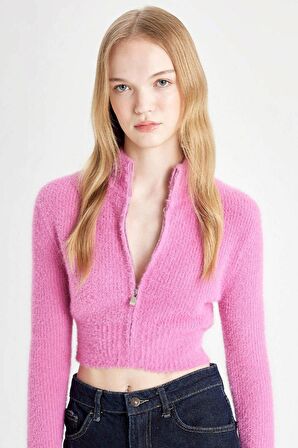 Coool Crop Basic Düz Fermuarlı Dik Yaka Triko Hırka